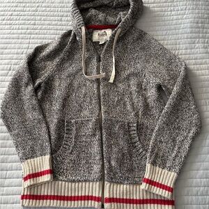 Roots Gray and Cream Hooded Cardigan with Red Stripes